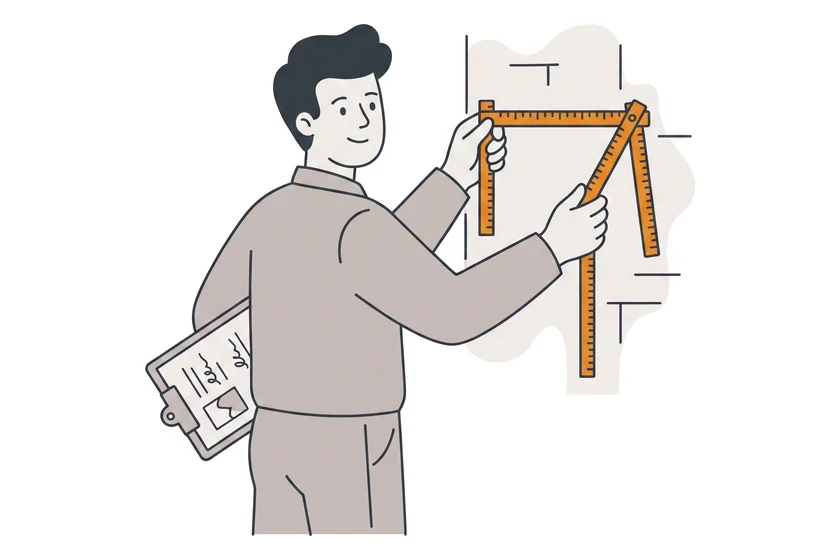 Handwerker misst eine Wand mit dem Zollstock, Klemmbrett unter dem Arm