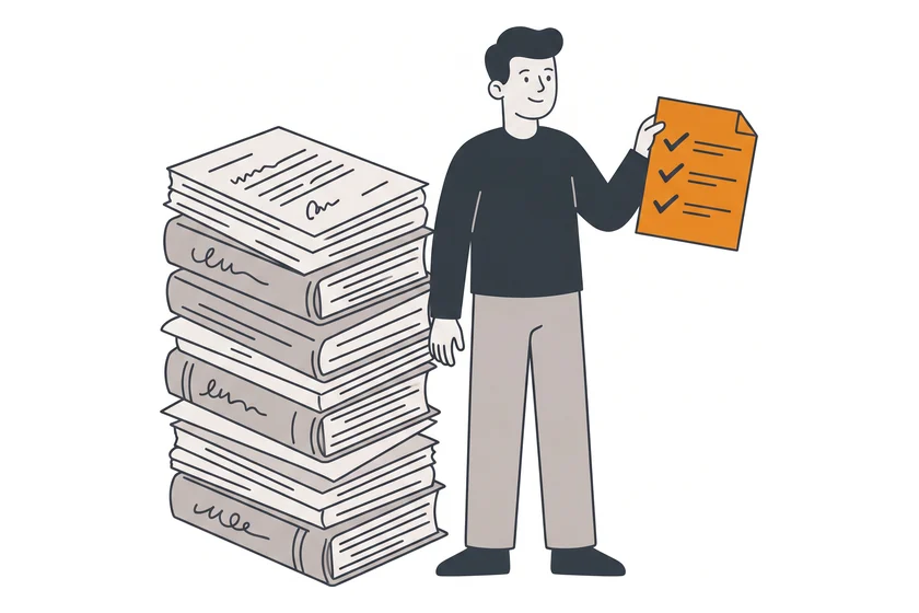 Person neben einem hohen Stapel dicker Unterlagen hält eine kurze Checkliste hoch