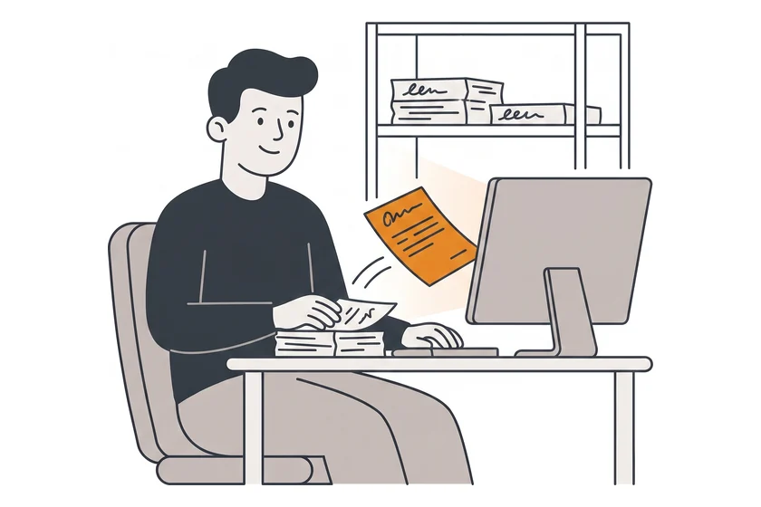 Person am Computer, ein Bestellformular fliegt vom Papierstapel in den Bildschirm