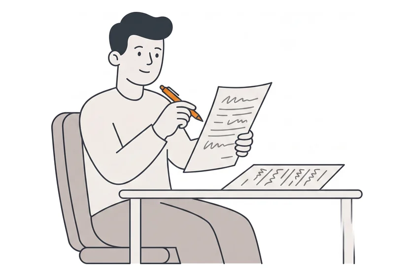 Person am Schreibtisch prüft einen Briefentwurf, den Stift in der Hand