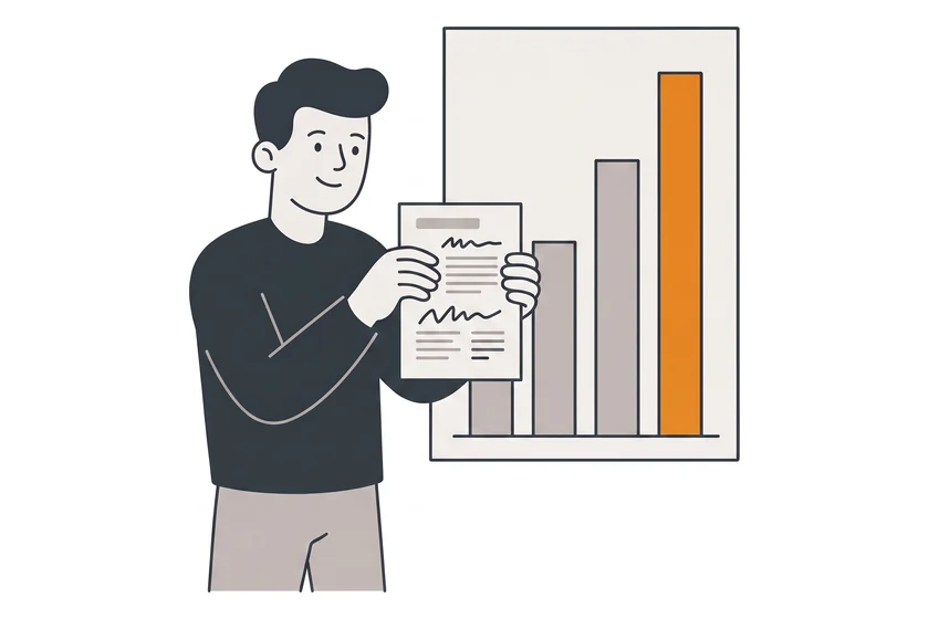 Person vor einem Balkendiagramm hält einen kurzen Bericht in der Hand