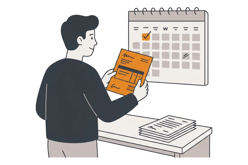 Person hält eine fertige Rechnung neben einen Wandkalender mit markiertem Monatsersten