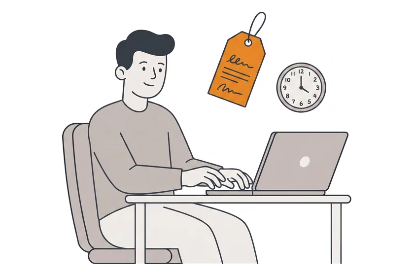 Person tippt am Laptop eine Antwort, daneben ein Preisschild und eine Uhr
