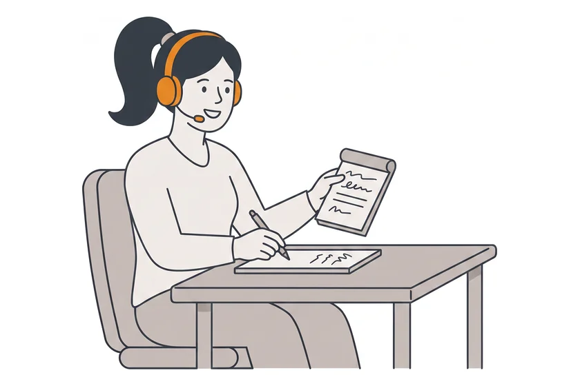 Frau mit Headset am Schreibtisch nimmt einen Anruf an und macht sich Notizen
