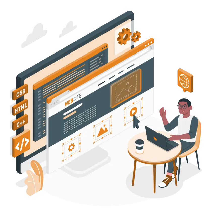 Person gestaltet am Laptop eine Website, im Hintergrund Bildschirme mit Seitenlayout und Code